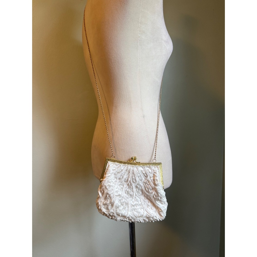 Vintage Richere Beaded Satin Clutch Bag Cream Gold dainty whimsi boho retro